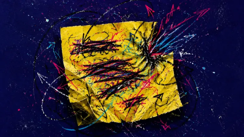 Crushed Script A crumpled sticky note buried under correction marks, expressing camera-on anxiety, self-surve