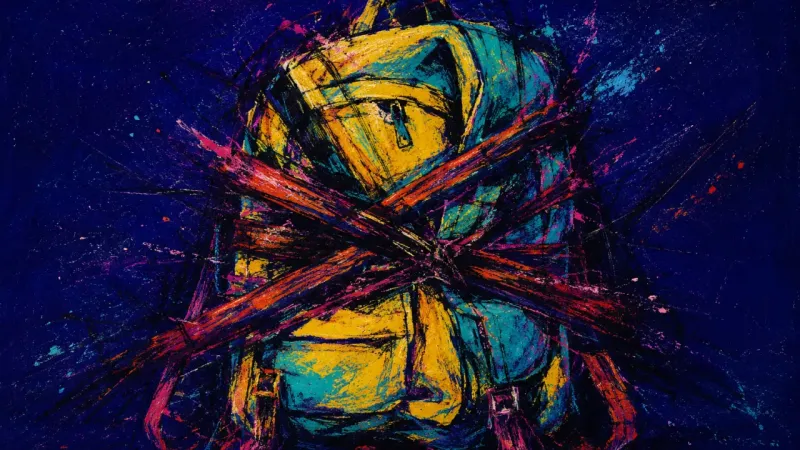 An overloaded backpack cinched and distorted, representing the exhaustion and resentment of carrying