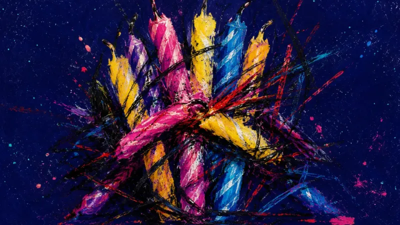 Bent Candles An abstract image of forgotten-birthday hurt, where bent candles collapse into a trapped cluster th