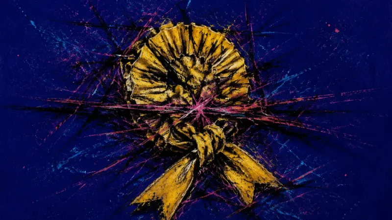 Tightened Proof A rosette crushed into knots and harsh marks, representing perfectionism trapped in family achievem