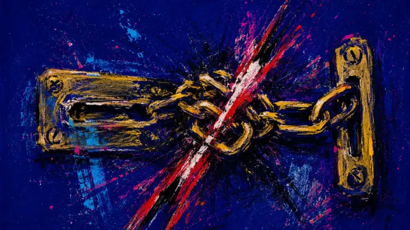 Latched Panic A door chain twisted into itself, symbolizing breakup-triggered relationship anxiety and the urge to