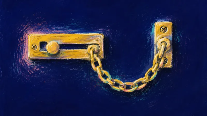Measured Welcome A door chain released into calm alignment, symbolizing paced openness, clear boundaries, and growing