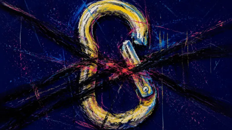 Broken Closure A warped carabiner trapped in chaotic crossings, symbolizing indecision, mixed signals, and fear of