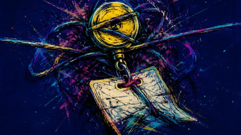 Frayed Access A badge reel tangled into harsh loops, representing workplace exclusion, overthinking, and the press