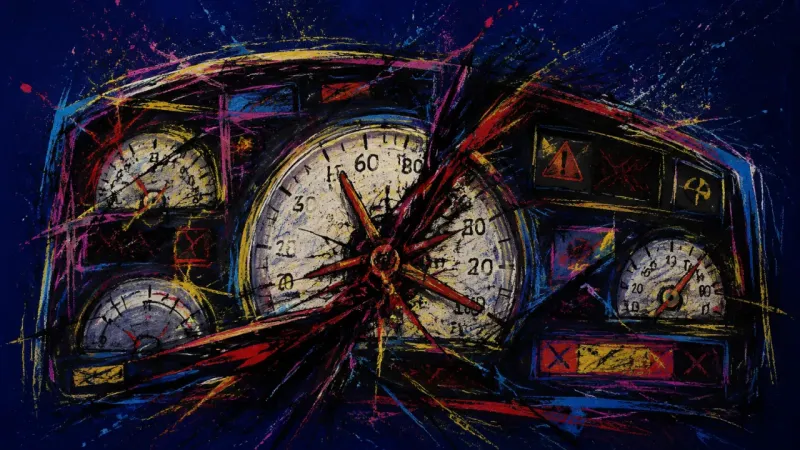 Locked Readings A distorted dashboard tangled in chaotic marks, symbolizing the shame spiral and paralysis triggered