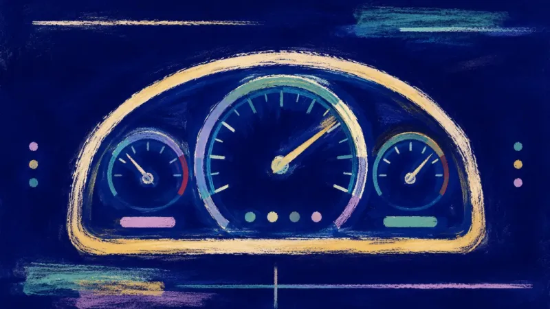 Steady Readings A restored dashboard with aligned dials and clear spacing, symbolizing academic stress settling into