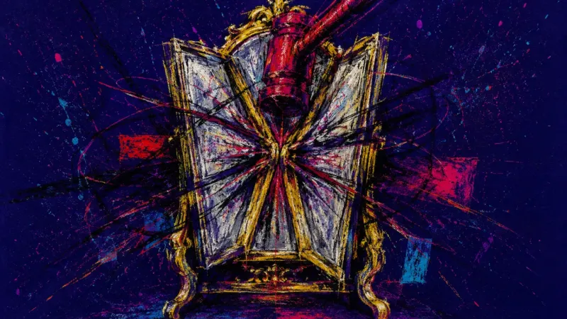 Pending Verdict A vanity mirror folded inward and crossed by chaotic marks, representing harsh self-judgment and
