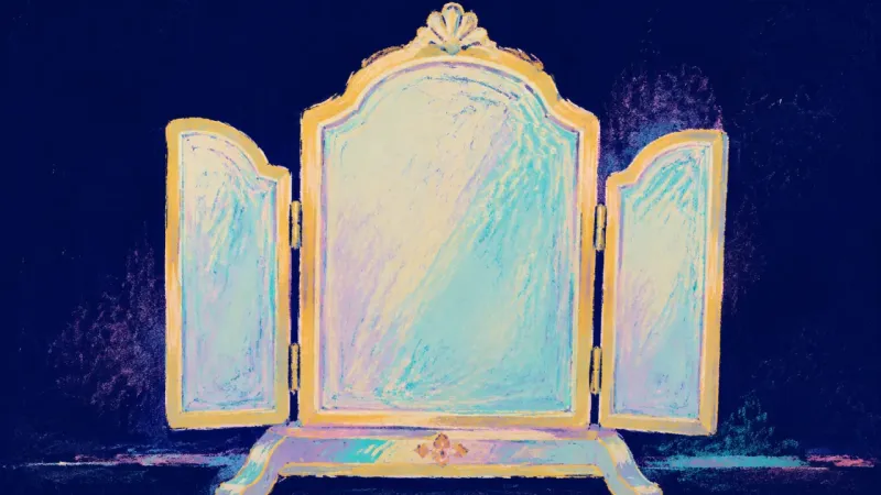 Reframed Presence A vanity mirror reopened into balanced alignment, representing calmer self-trust and worth no longer