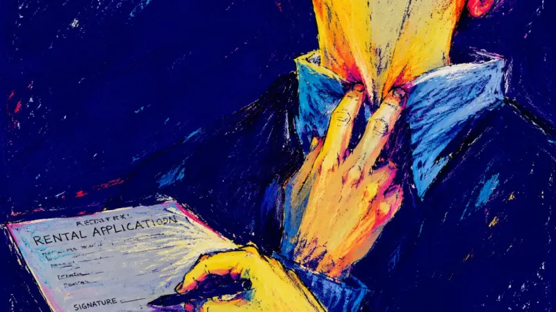 Two fingers press into the throat while a rental application remains unsigned, reflecting panic סביב