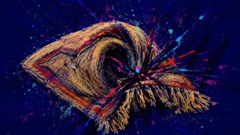 An abstract doormat clenched into disorder, representing apartment-hunting panic, rejection fear, a