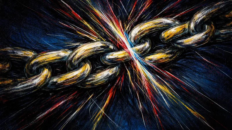 Strangled Links A chain snarled into a tightening loop, representing over-apologizing driven by self-blame and fear