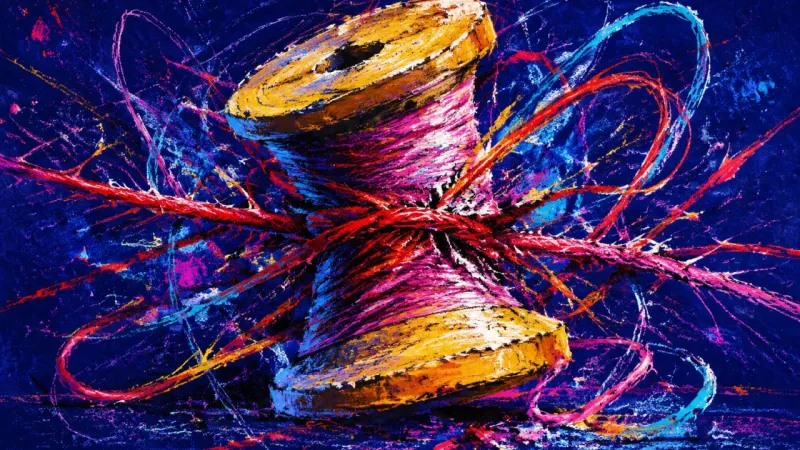 A tangled spool shows texting anxiety turning a sweet morning ritual into pressure, overchecking, an