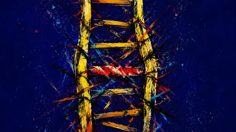 Seized Ascent A bent ladder trapped in dense crossing marks, representing thesis choice paralysis and the pressure
