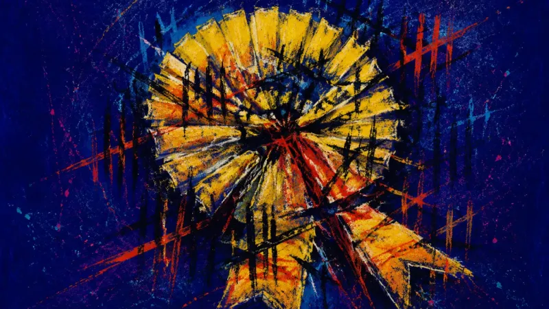 Crushed Merit A rosette collapses under tangled scoring lines, representing achievement anxiety, self-surveillance