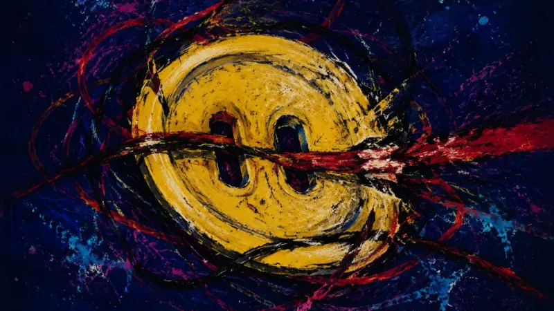 A warped button dragged out of round by tangled pressure lines, expressing guilt and social