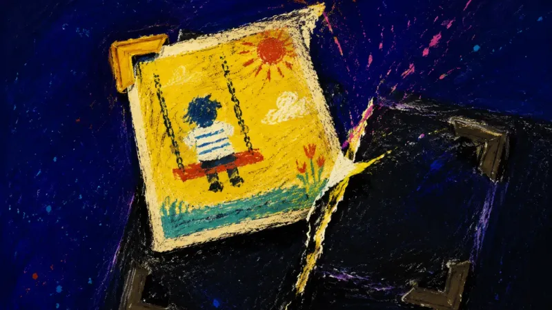 A childhood photo hanging from one loosened album corner, symbolizing the urge to treat memory as a​