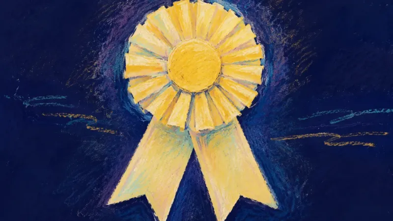 An award ribbon restored to an open, balanced shape, expressing self-worth that no longer depends on