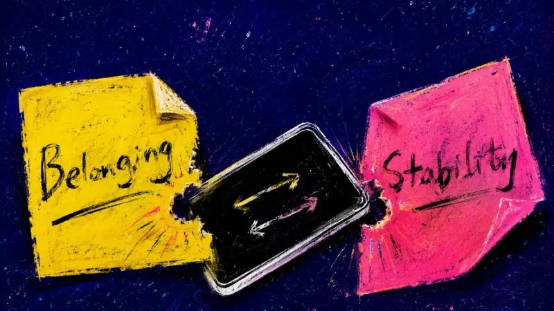 Price of Inclusion A phone rubbed between sticky notes marked Belonging and Stability, showing a late-night money call.