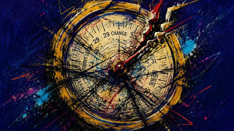 A distorted barometer trapped in frantic marks, representing anxious attachment, compulsive signal