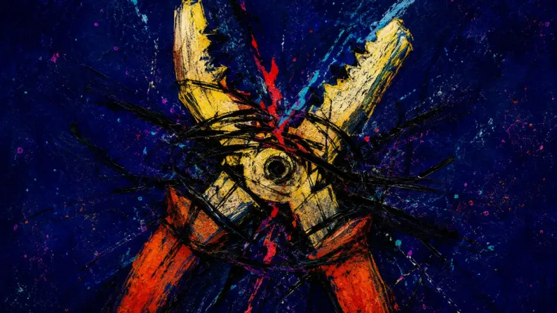 Seized Pivot A distorted pair of pliers trapped in chaotic pressure, representing career decision paralysis and