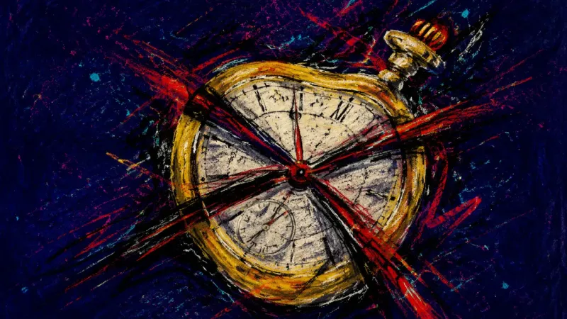 Jammed Countdown An abstract stopwatch warped by crossing lines, representing career decision paralysis, pressure, a