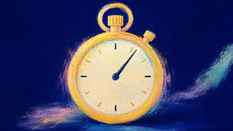 Measured Resolve An abstract stopwatch restored to a clean, ordered form, representing a bounded choice, calm terms,