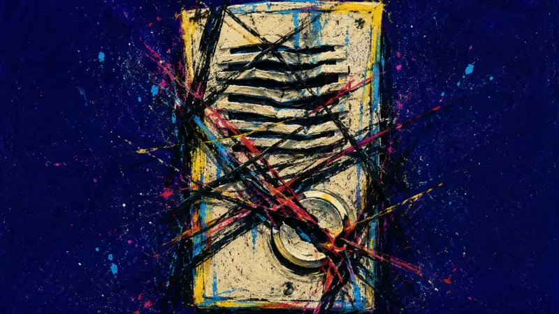 An abstract intercom panel warped and bound by chaotic marks, expressing submit-button paralysis and