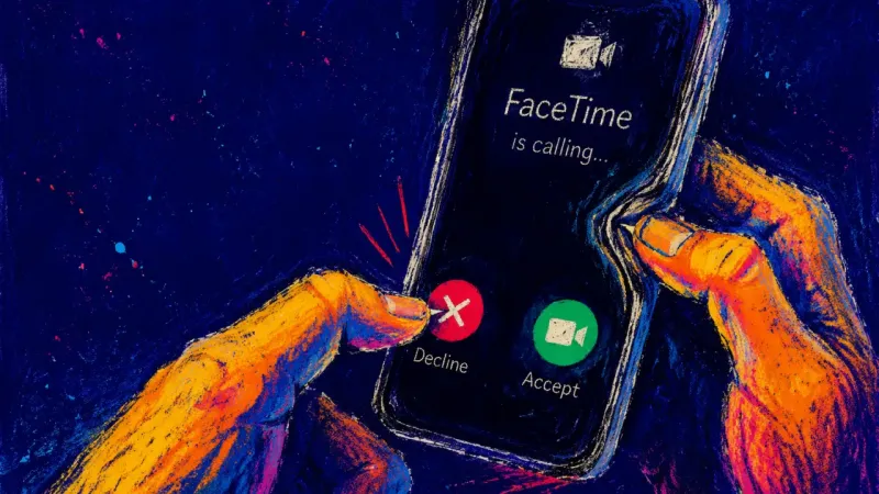 A frozen thumb hovers over a family FaceTime decline button, capturing guilt and hesitation around a
