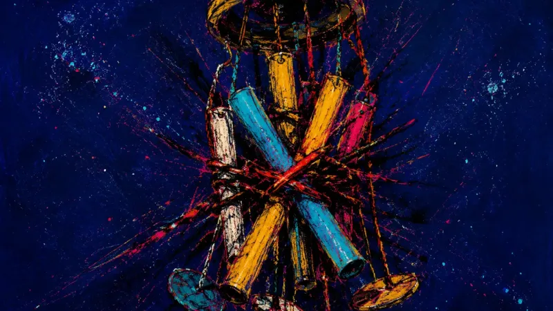A wind chime snarled into a tight cluster, representing guilt, hypervigilance, and the pressure to