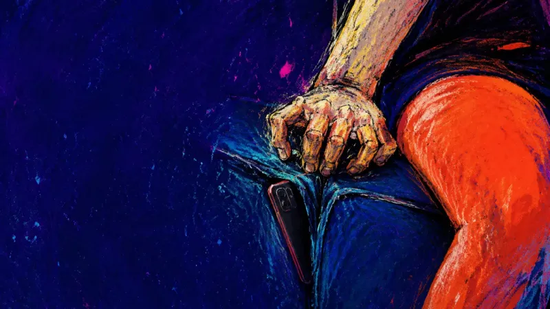 Held at 9:18 A phone trapped against a couch seam by a seated leg while a tense hand presses the bunched seam, ev