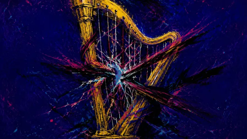 A warped harp caught in tangled lines, representing shame and self-silencing during family compar
