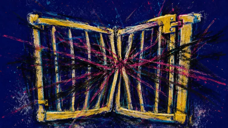 A warped baby gate tangled in crossing lines, symbolizing privacy strain, over-explaining, and fear