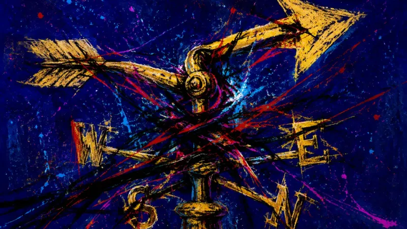 Jammed Bearing A distorted weathervane trapped in tangled marks, symbolizing shame, self-censorship, and fear of m