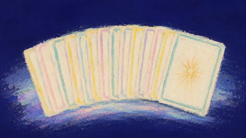 Quiet Evidence An ordered flashcard deck regaining even rhythm, symbolizing practice-based progress, calmer focus,%