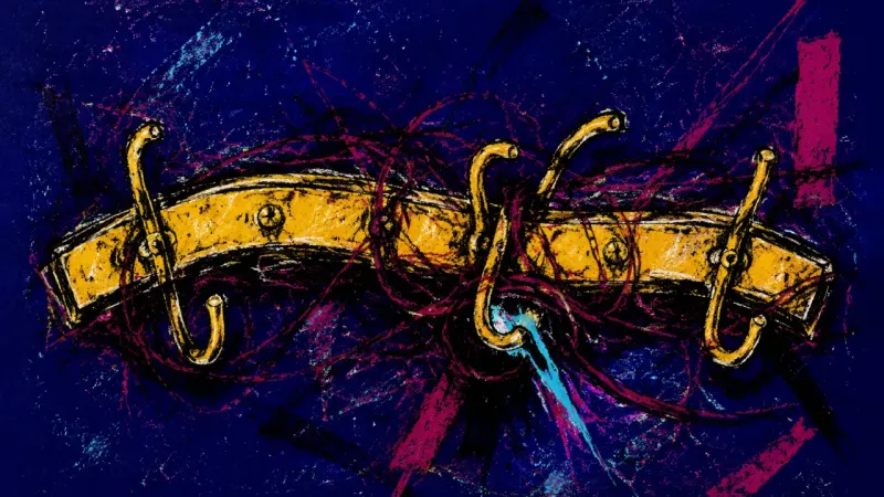 A distorted hook rack trapped in chaotic lines, representing roommate boundary confusion, vigilance,