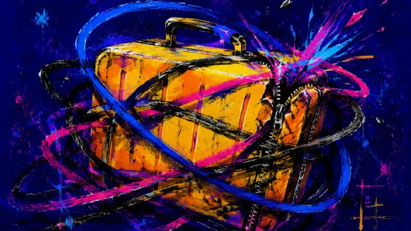 Crushed Closure An abstract suitcase crushed by chaotic lines, representing compulsive overpacking, repetitive re-