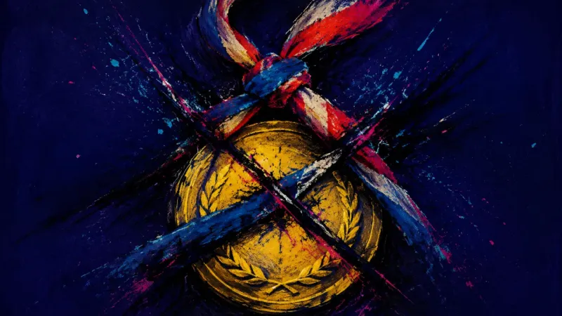 Knotted Emblem A warped medal cinched by tangled loops, representing the pressure and self-censorship behind hiding