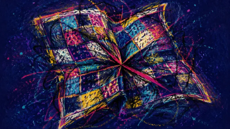 Crushed Patchwork An abstract quilt-like form twisted into disorder, symbolizing cohabitation anxiety, decision over