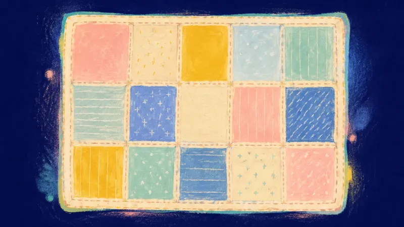 Settled Patchwork An abstract quilt-like form opened into balanced panels, symbolizing a clear living agreement, pr