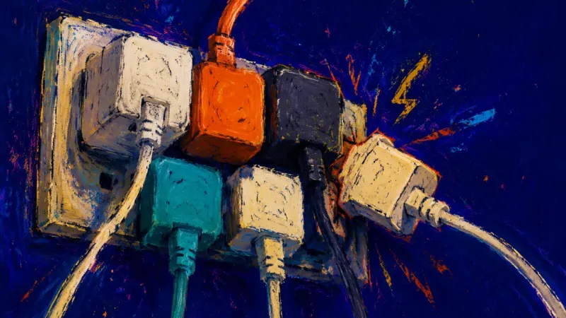 The Last Open Slot A power outlet jammed with charger blocks and one extra plug forced in sideways, reflecting burnout,