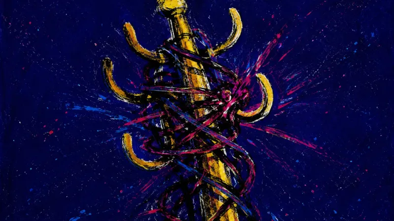 Hooks Under Siege An abstract image of burnout: a coat rack warped inward by tangled pressure, showing overload, const