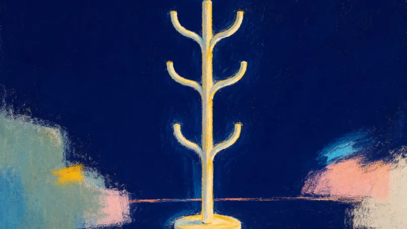 Restored Bearing An abstract image of burnout easing: a coat rack regains balance and spacing, showing reliability by