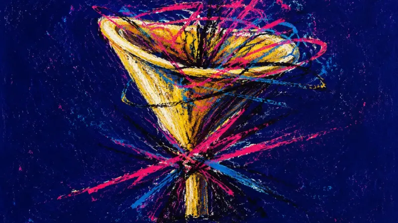 Choked Flow A collapsed funnel tangled by harsh lines, representing notification overwhelm and attention trapped