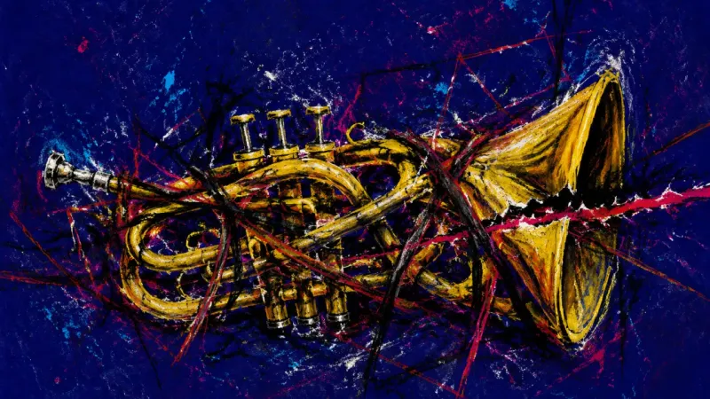 A distorted trumpet tangled in harsh marks, expressing panic and self-judgment after a perfor