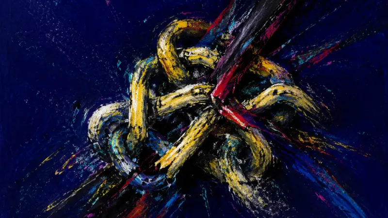 An abstract chain knotted into a cramped mass, representing post-interview anxiety, rejection fear,