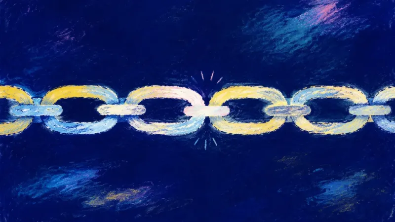 An abstract chain released into an even flow, symbolizing clear follow-up boundaries, steady job-sea