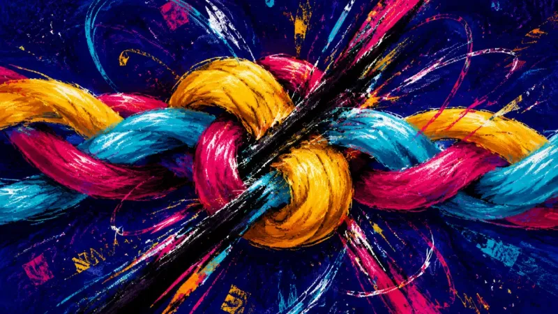 Choked Weave A braid twisted into a tight knot and crossed by chaotic marks, representing paralysis from trying t