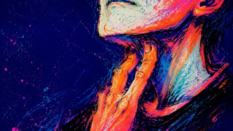 Quarantined Voice A cropped throat gripped by two fingers, capturing the moment conflict makes words disappear and the