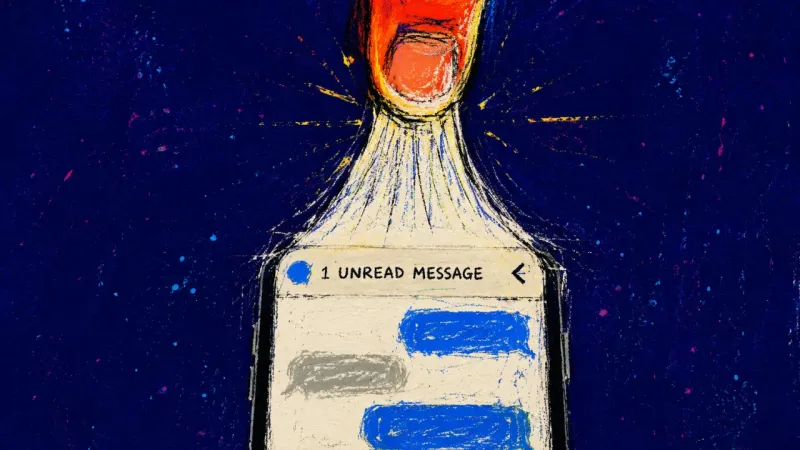 The Pending Verdict A thumb pulling a phone message thread past its limit, symbolizing the anxious wait for fallout from