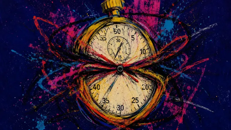 A warped stopwatch tangled in chaotic lines, representing study paralysis, reactive switching, and p